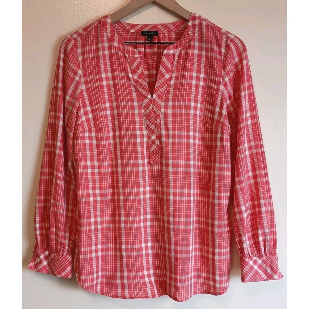 Talbots M Coral Plaid Popover Blouse Cotton Rayon Split Neck Preppy Coastal